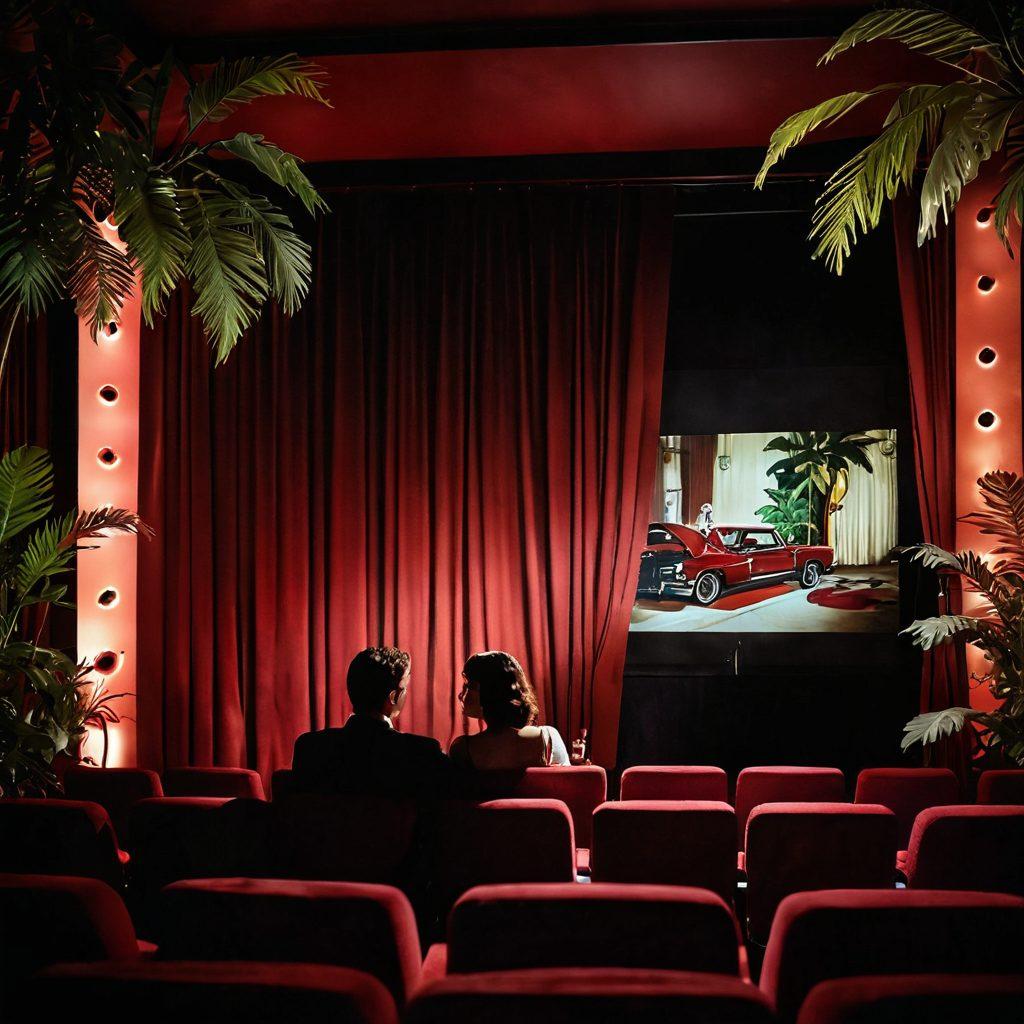 A sultry and intimate cinema setting, featuring an elegant red velvet curtain drawn slightly aside to reveal a shadowy stage illuminated by soft, warm lights. In the foreground, a couple sits on plush seats, engrossed in a film projected onto a large screen decorated with vintage film reels and lush tropical plants. The atmosphere is filled with an air of anticipation and allure, inviting viewers into the captivating world of sensual cinema. cinematic, warm colors, soft focus.
