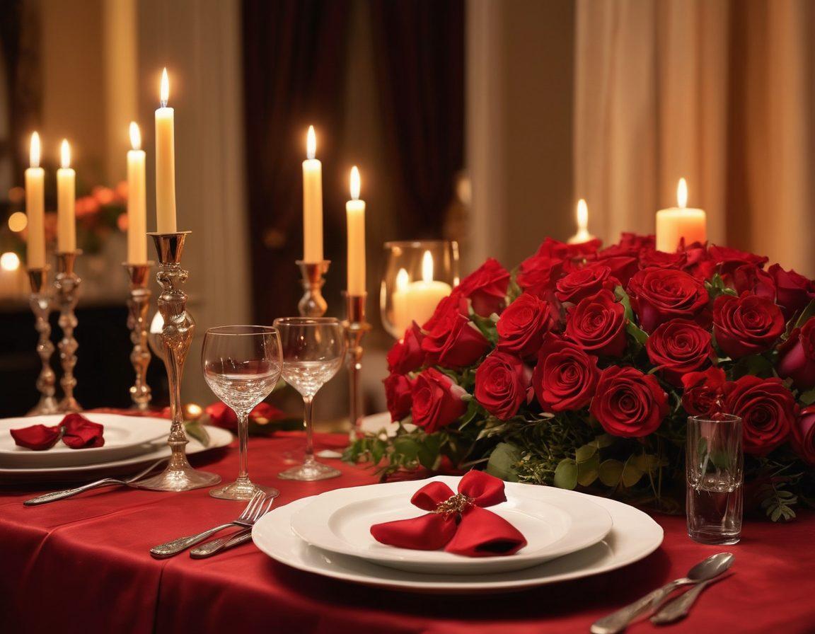 A sensual and elegant scene featuring a tastefully arranged intimate dinner setting, with candles, soft lighting, and red roses. Include a couple sharing a kiss or a romantic glance, exuding warmth and passion. The background should softly blur to create an atmosphere of intimacy and allure. Emphasize rich colors like deep reds and golds to enhance the romantic theme. super-realistic. vibrant colors. soft focus.