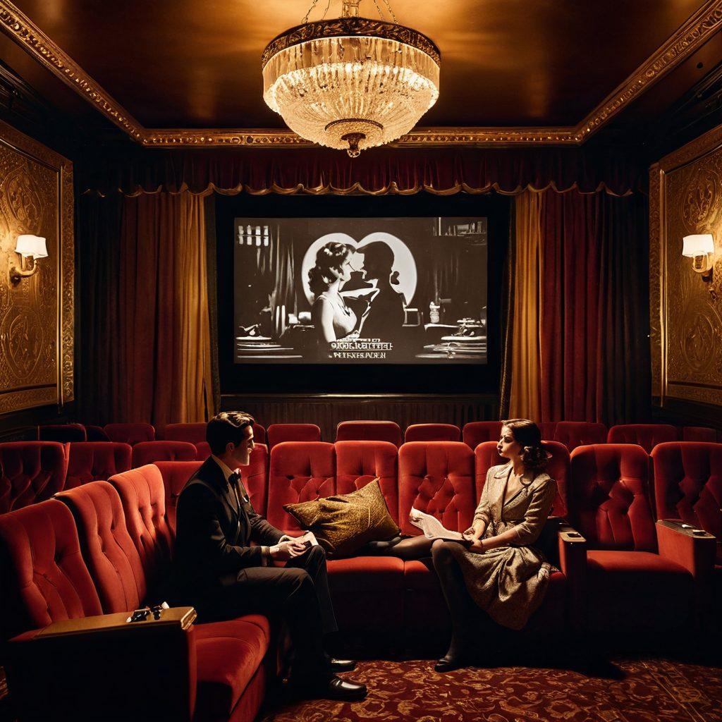 A cinematic scene capturing a dimly lit vintage theater filled with plush velvet seats, adorned with golden accents. In the foreground, a silhouette of a couple intertwined, embodying passion, with film reels and a projector casting romantic light patterns on the walls. The backdrop features classic movie posters with sensual themes. The atmosphere is rich, warm, and inviting, evoking a sense of nostalgia and allure. super-realistic. warm tones. vintage style.